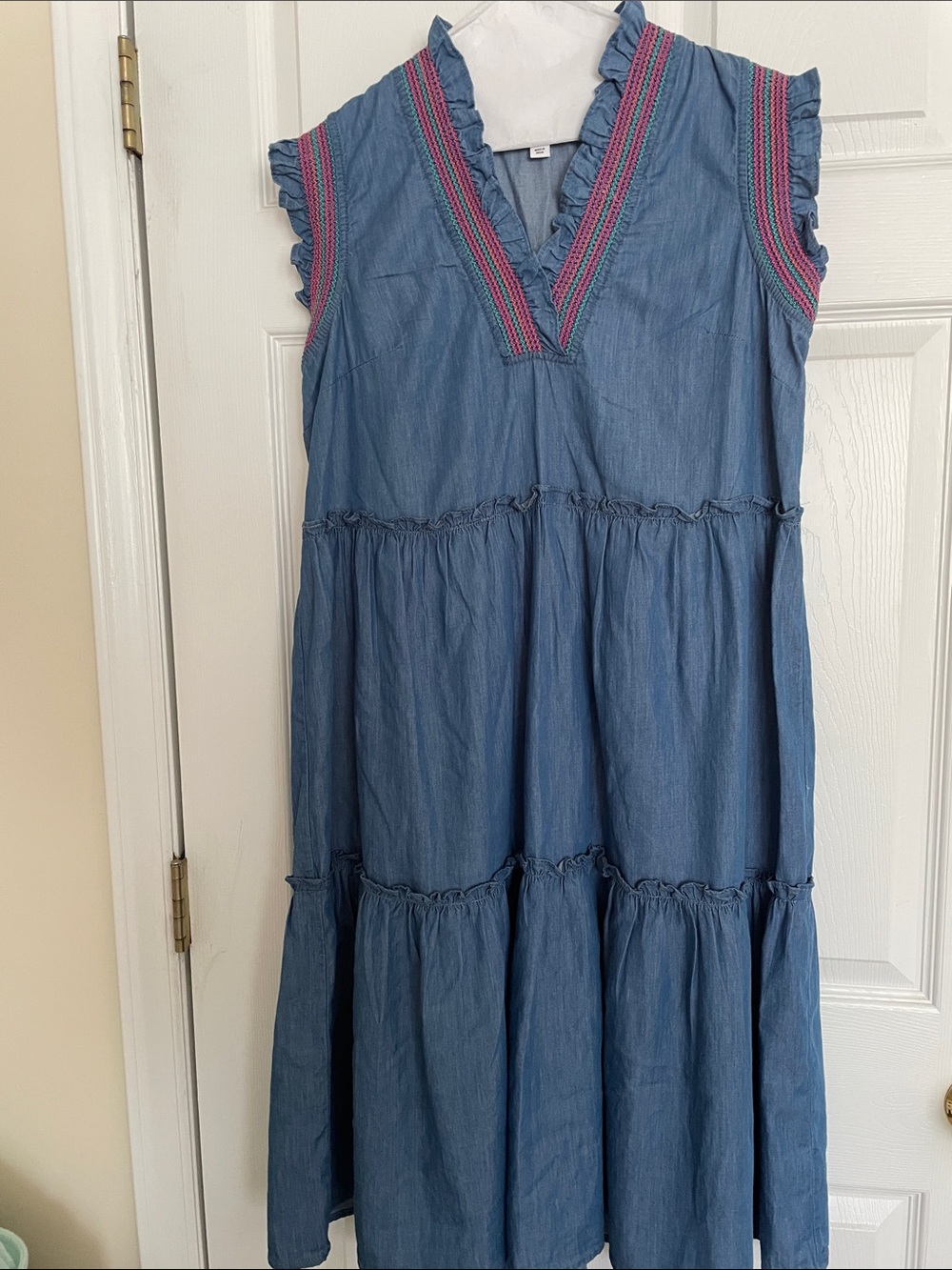 crown & ivy Blue Chambray Tiered Dress with Pink Trim
